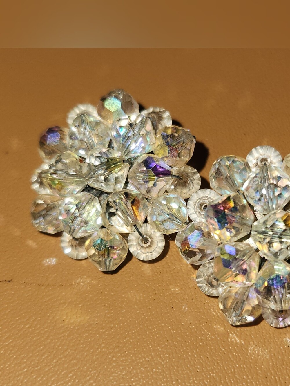 Vintage Crystal Cluster Clip-On Earrings - Clear Aurora Borealis Sparkle